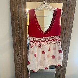 Free People Red and White Polka Dot Lace Trim Women's Top